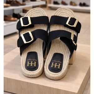 Haute Hippie Black Double Buckle Espadrille Slide Sandals NWT